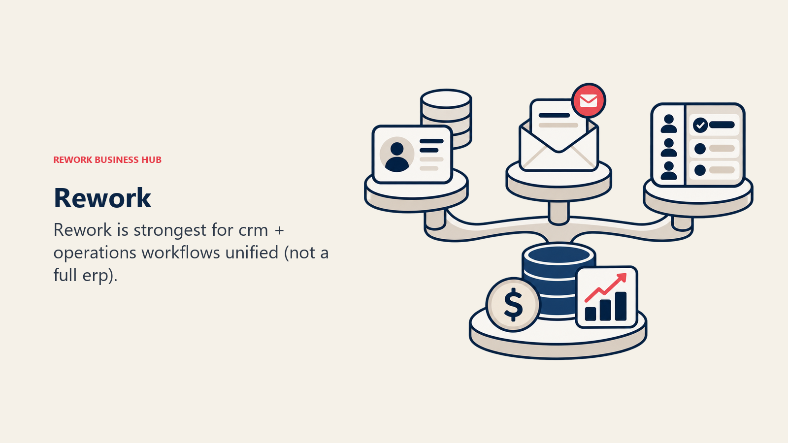 Rework illustrated by shared operations bridge linking CRM, inbox, and team workflow objects.