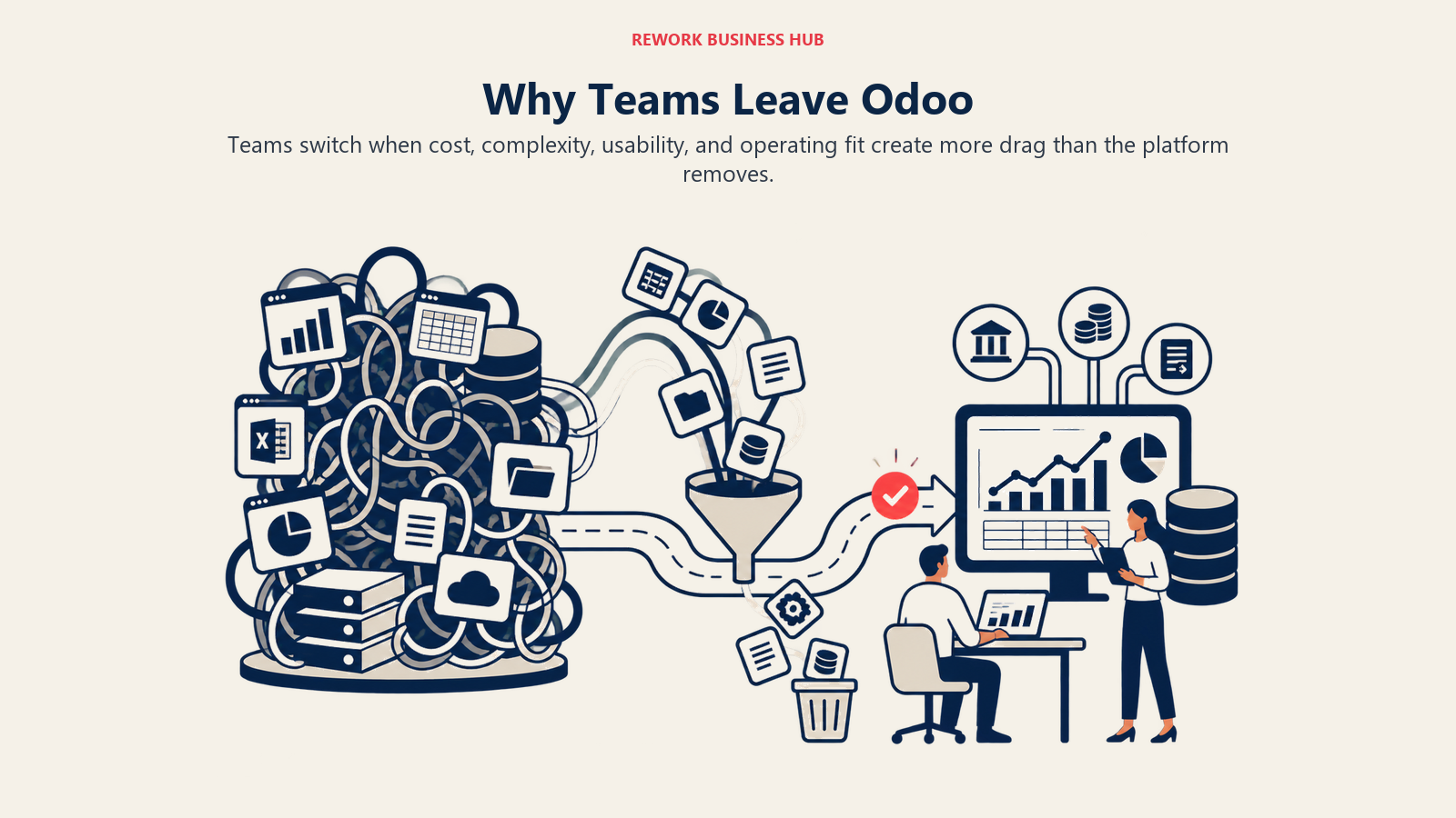 Why Teams Leave Odoo illustrated by an overloaded software stack shedding tangled modules into a cleaner operating path.
