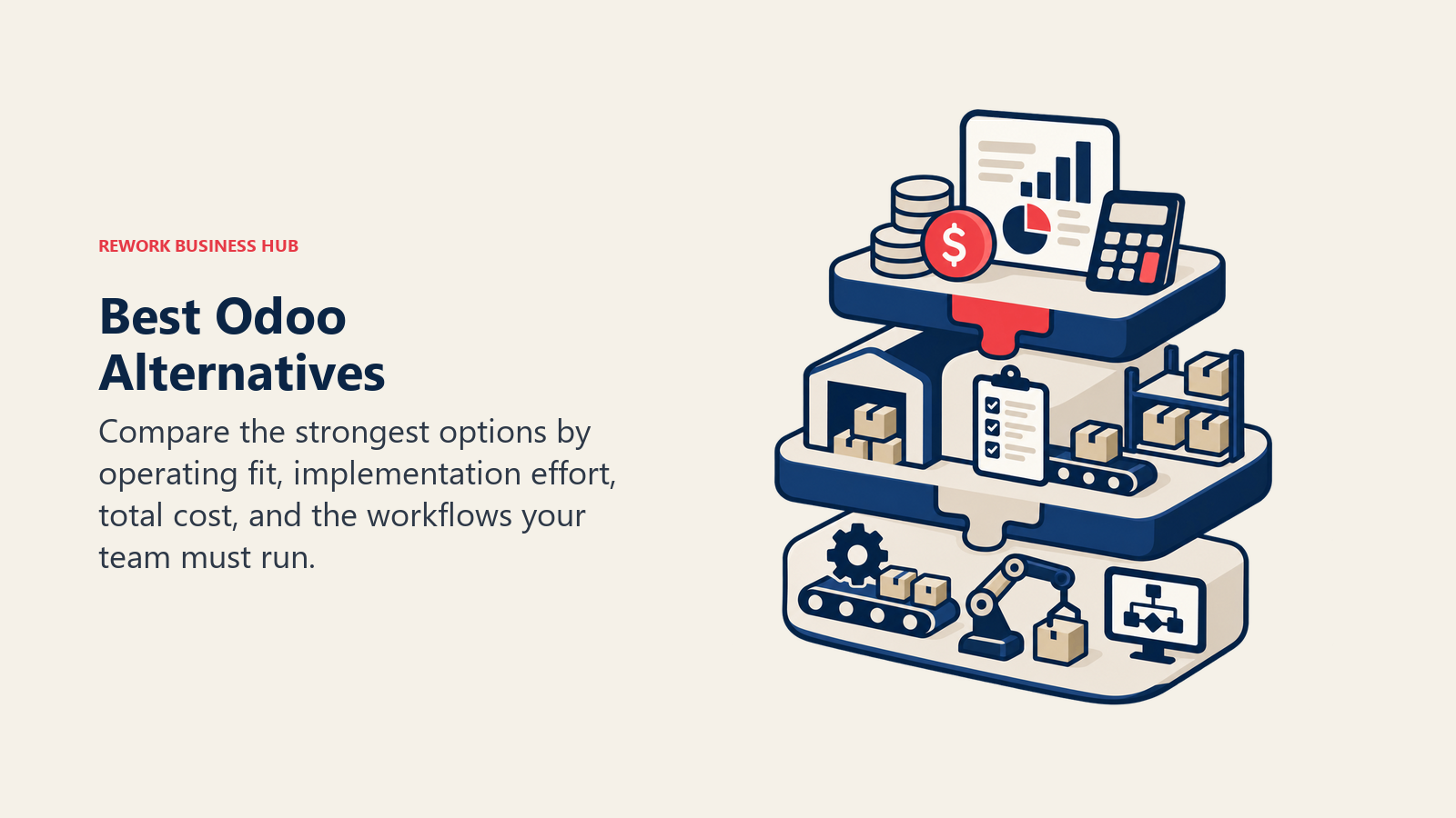 Best Odoo Alternatives illustrated by modular ERP stack joining finance, inventory, and operations blocks.
