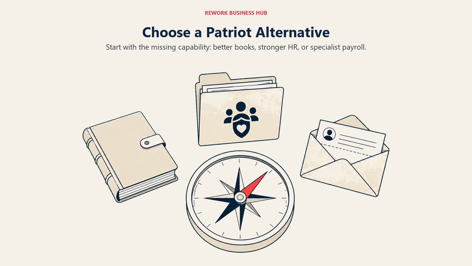 Selector between a ledger, benefits folder and payroll envelope for choosing a Patriot alternative