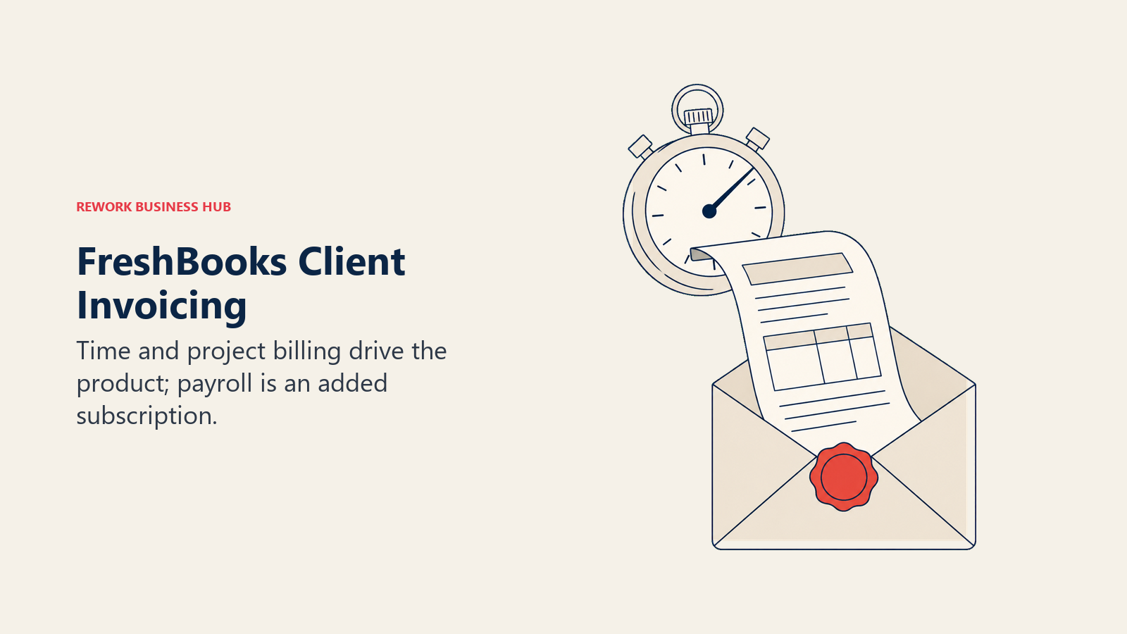 Stopwatch feeding an invoice into a client envelope illustrating FreshBooks time-based billing