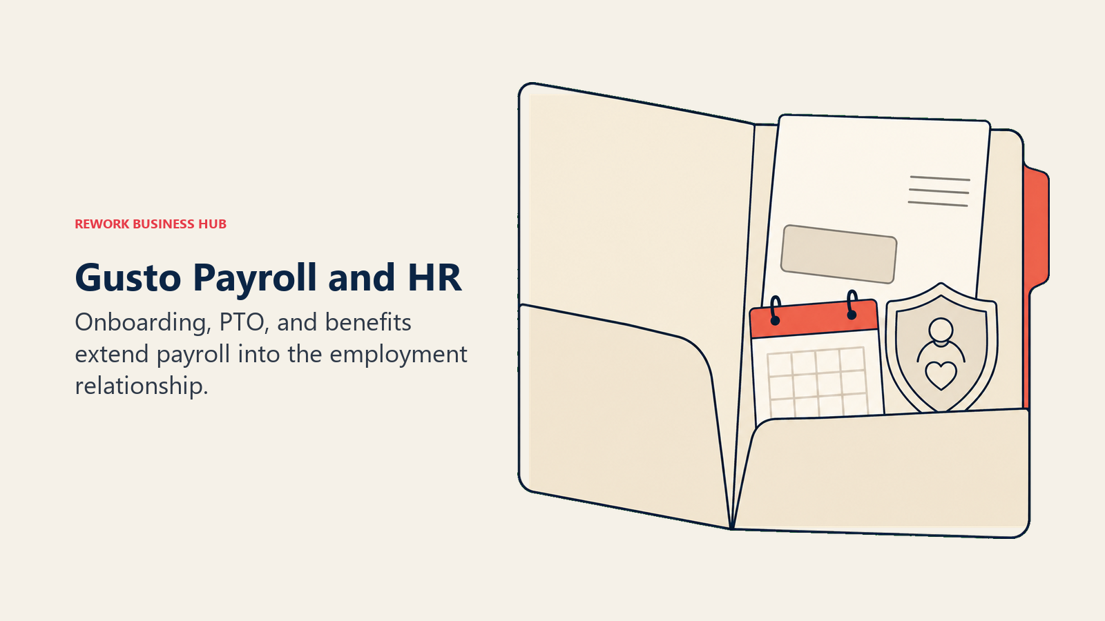 Employee welcome folder holding payroll, calendar and benefits tools for Gusto