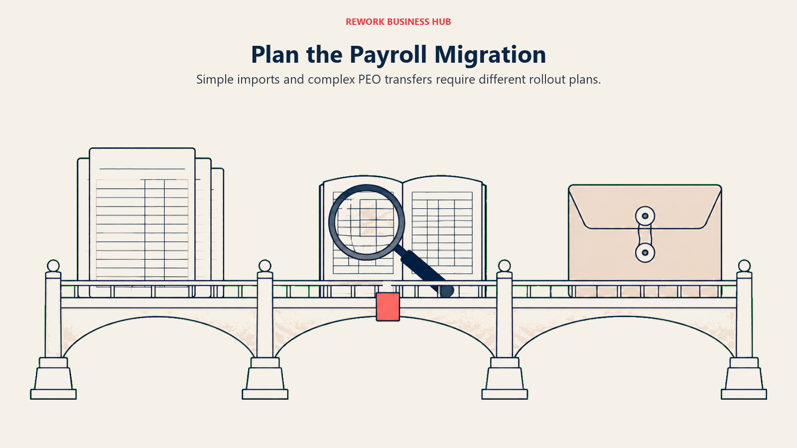 Exported ledgers crossing a reconciliation bridge to payroll, illustrating migration checks
