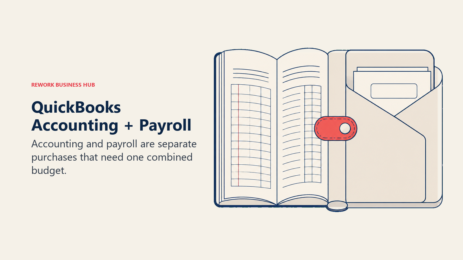 Joined accounting book and payroll sleeve illustrating QuickBooks Online plus Payroll