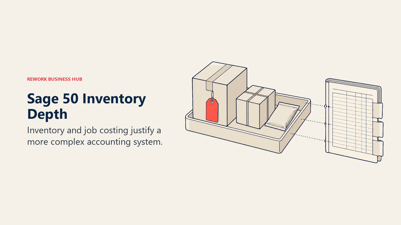 Inventory parcels beside a cost ledger illustrating Sage 50 inventory and job costing