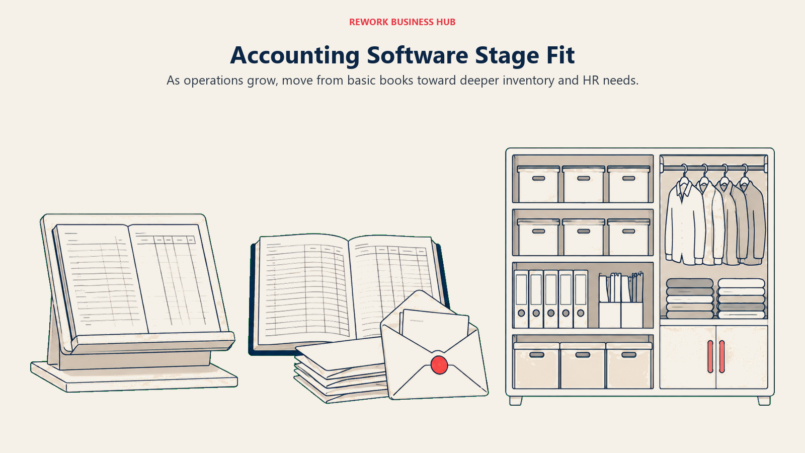 Three workstations expanding from basic books to payroll and inventory for business-stage fit