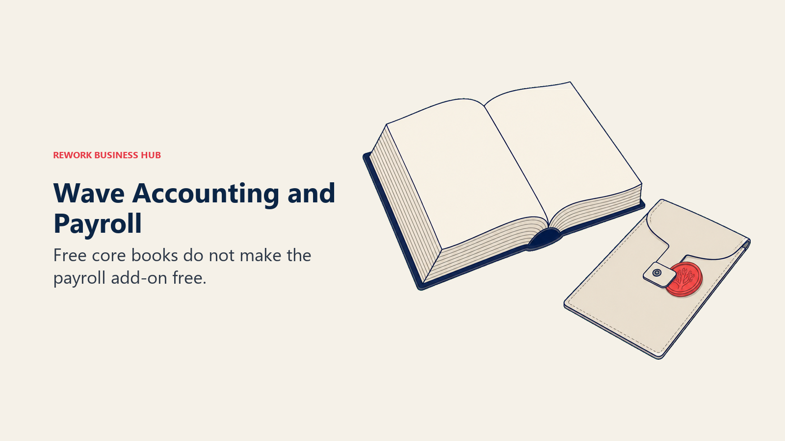 Open accounting book beside a paid payroll pocket illustrating Wave free books and payroll costs