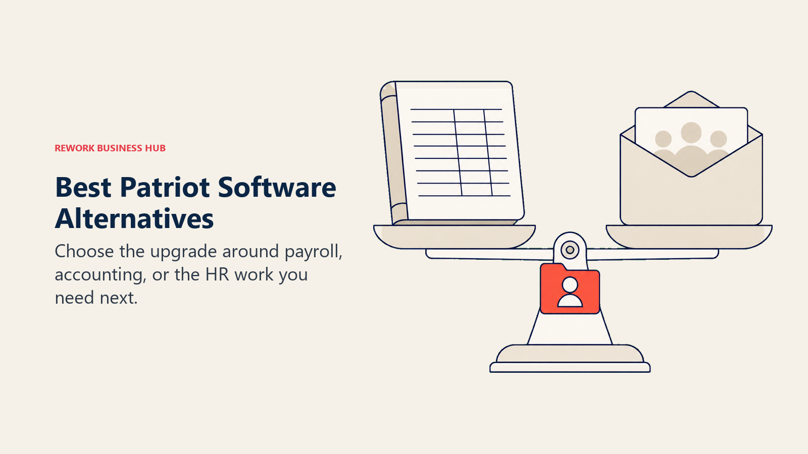 Accounting ledger and payroll envelope on a balance for comparing Patriot Software alternatives