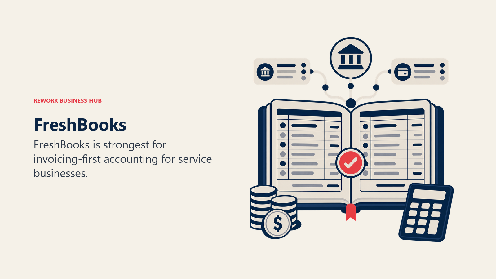 FreshBooks illustrated by accounting ledger with bank feed tokens and one balanced reconciliation marker.