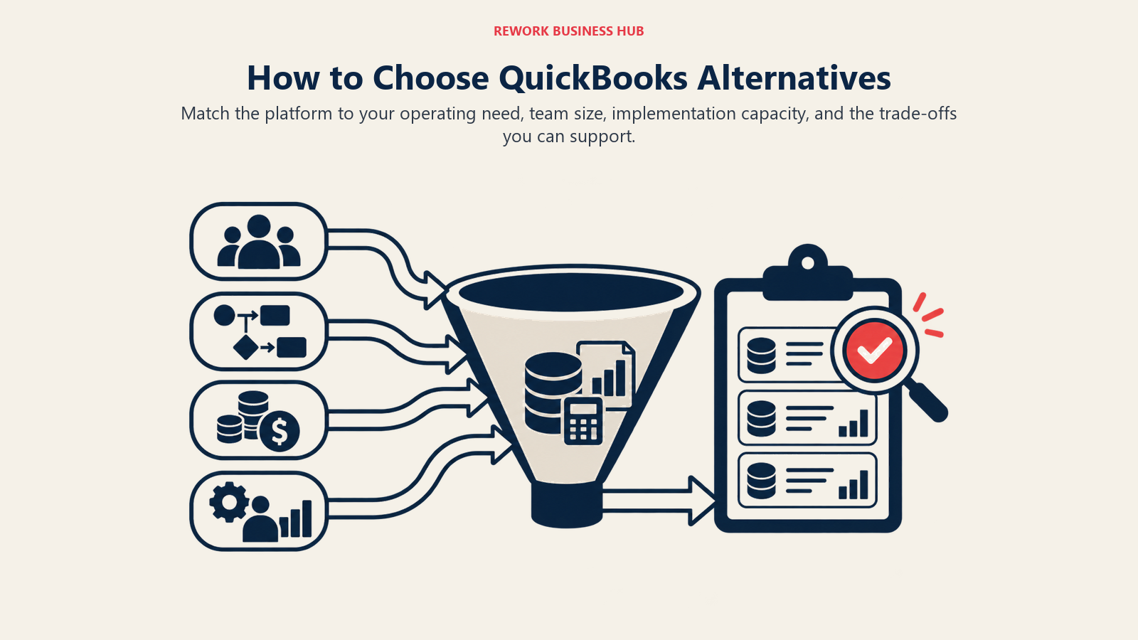 How to Choose QuickBooks Alternatives illustrated by a decision lens sorting team size, workflow depth, cost, and implementation capacity into a shortlist.