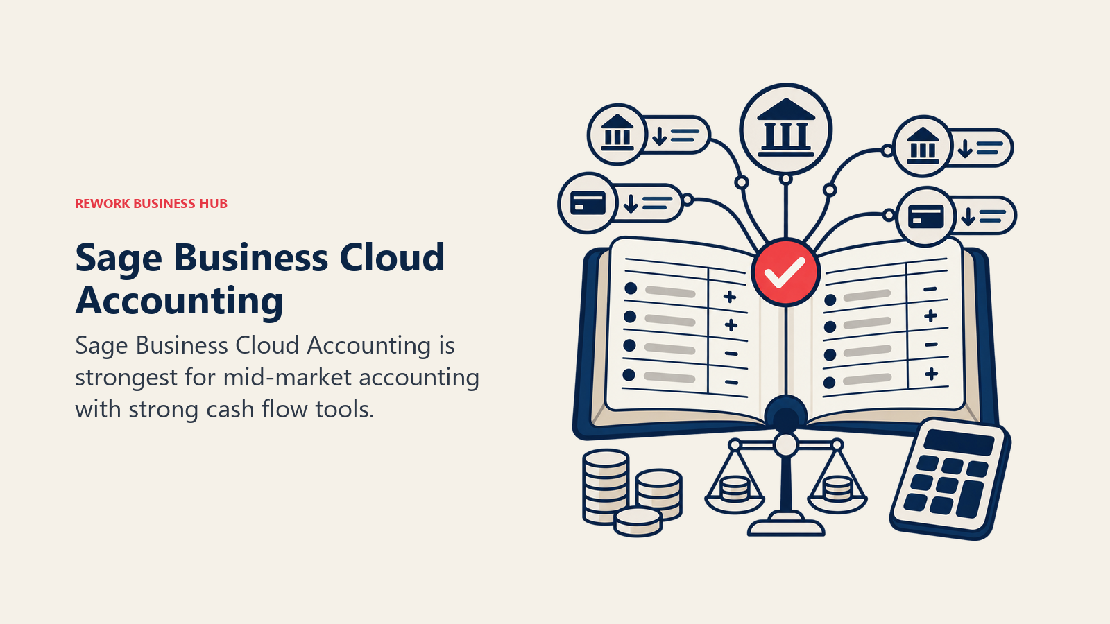 Sage Business Cloud Accounting illustrated by accounting ledger with bank feed tokens and one balanced reconciliation marker.