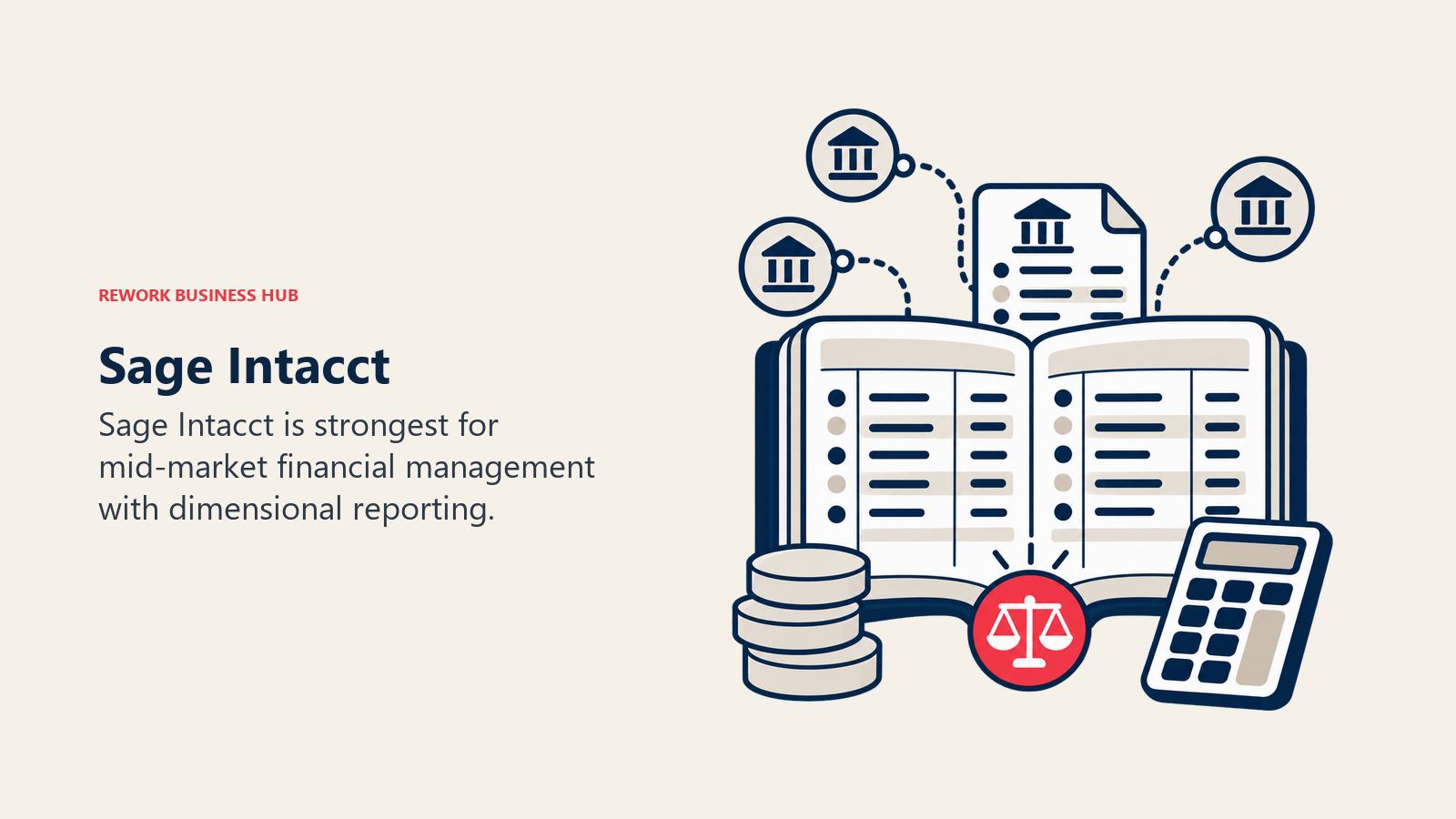 Sage Intacct illustrated by accounting ledger with bank feed tokens and one balanced reconciliation marker.