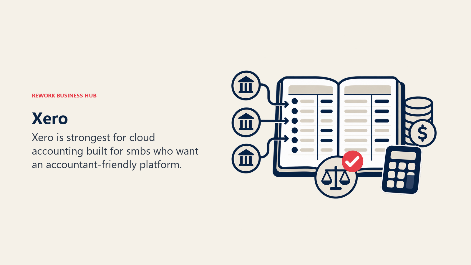Xero illustrated by accounting ledger with bank feed tokens and one balanced reconciliation marker.