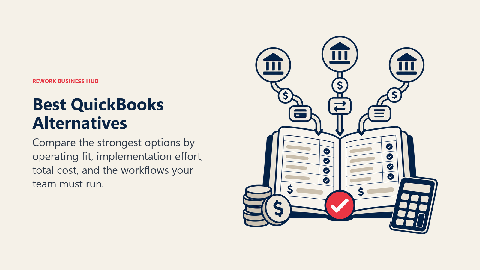 Best QuickBooks Alternatives illustrated by accounting ledger with bank feed tokens and one balanced reconciliation marker.