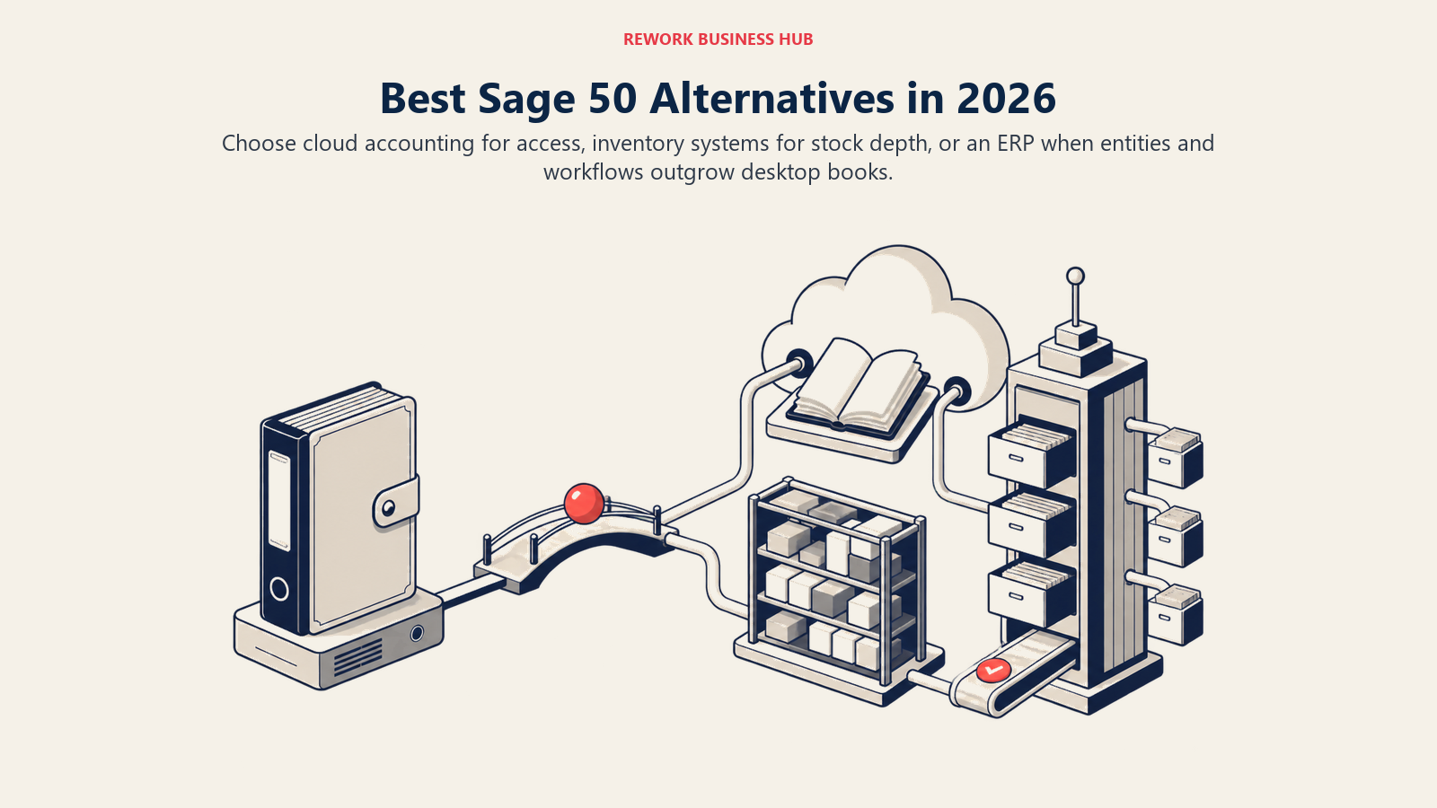 Desktop accounting ledger crossing into cloud accounting, inventory control, and ERP paths