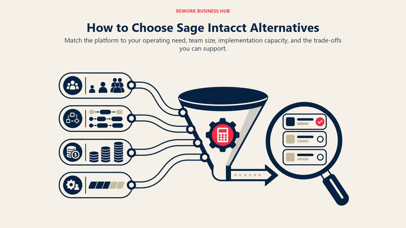 How to Choose Sage Intacct Alternatives illustrated by a decision lens sorting team size, workflow depth, cost, and implementation capacity into a shortlist.