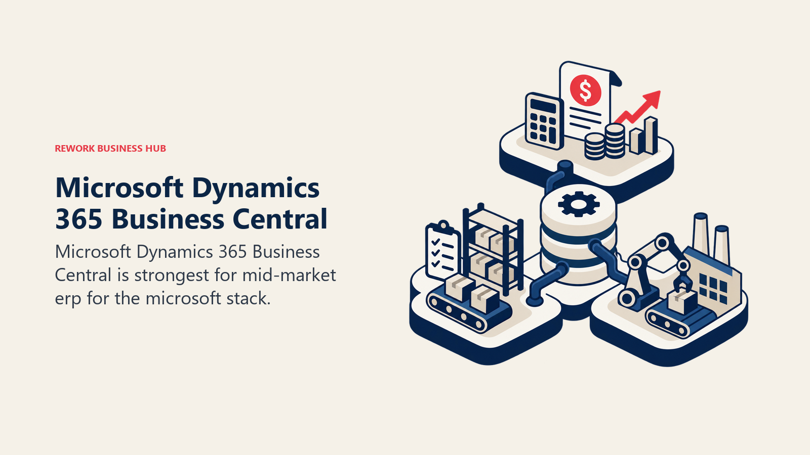 Microsoft Dynamics 365 Business Central illustrated by modular ERP stack joining finance, inventory, and operations blocks.