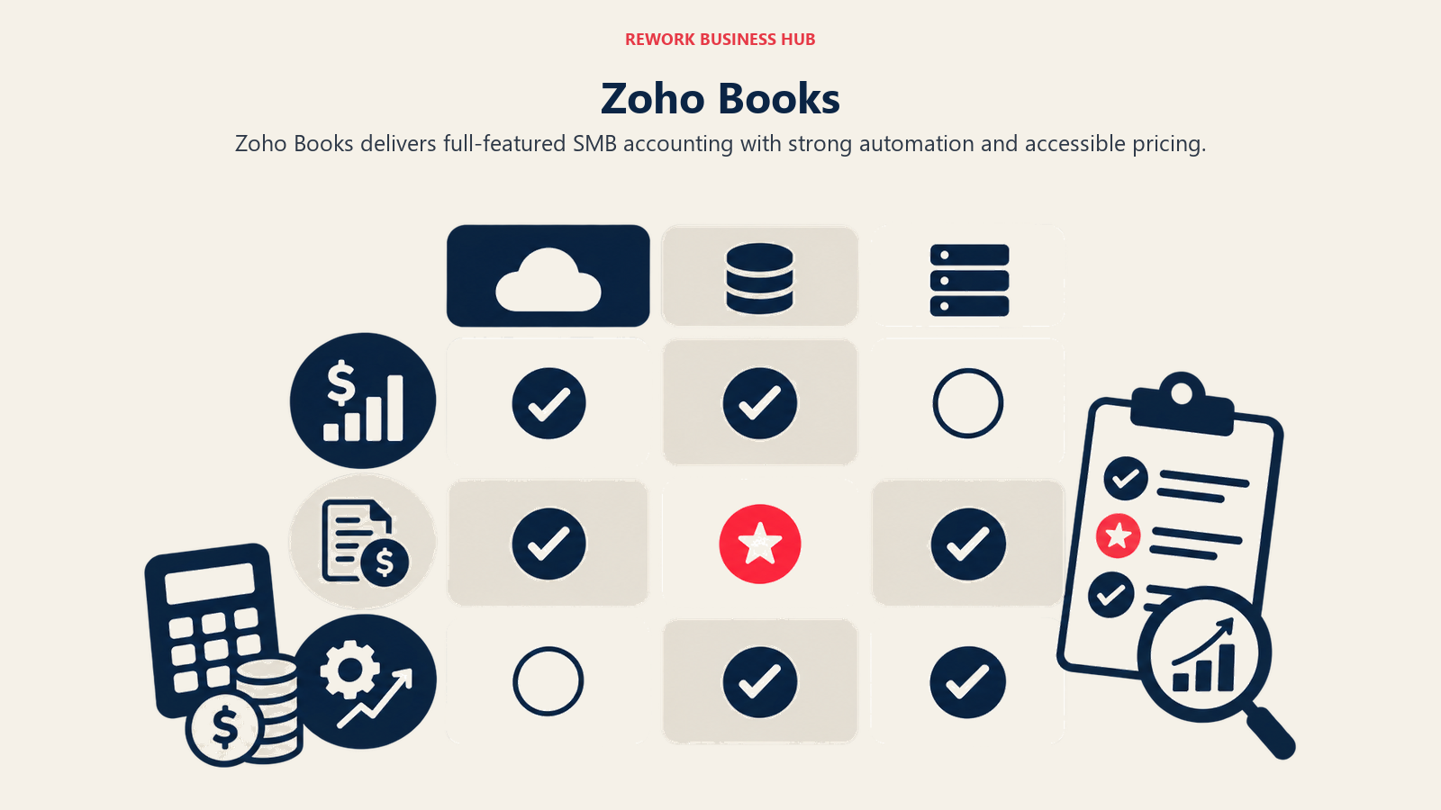 Zoho Books illustrated by a sparse decision matrix of platform coverage blocks with one coral must-have marker.