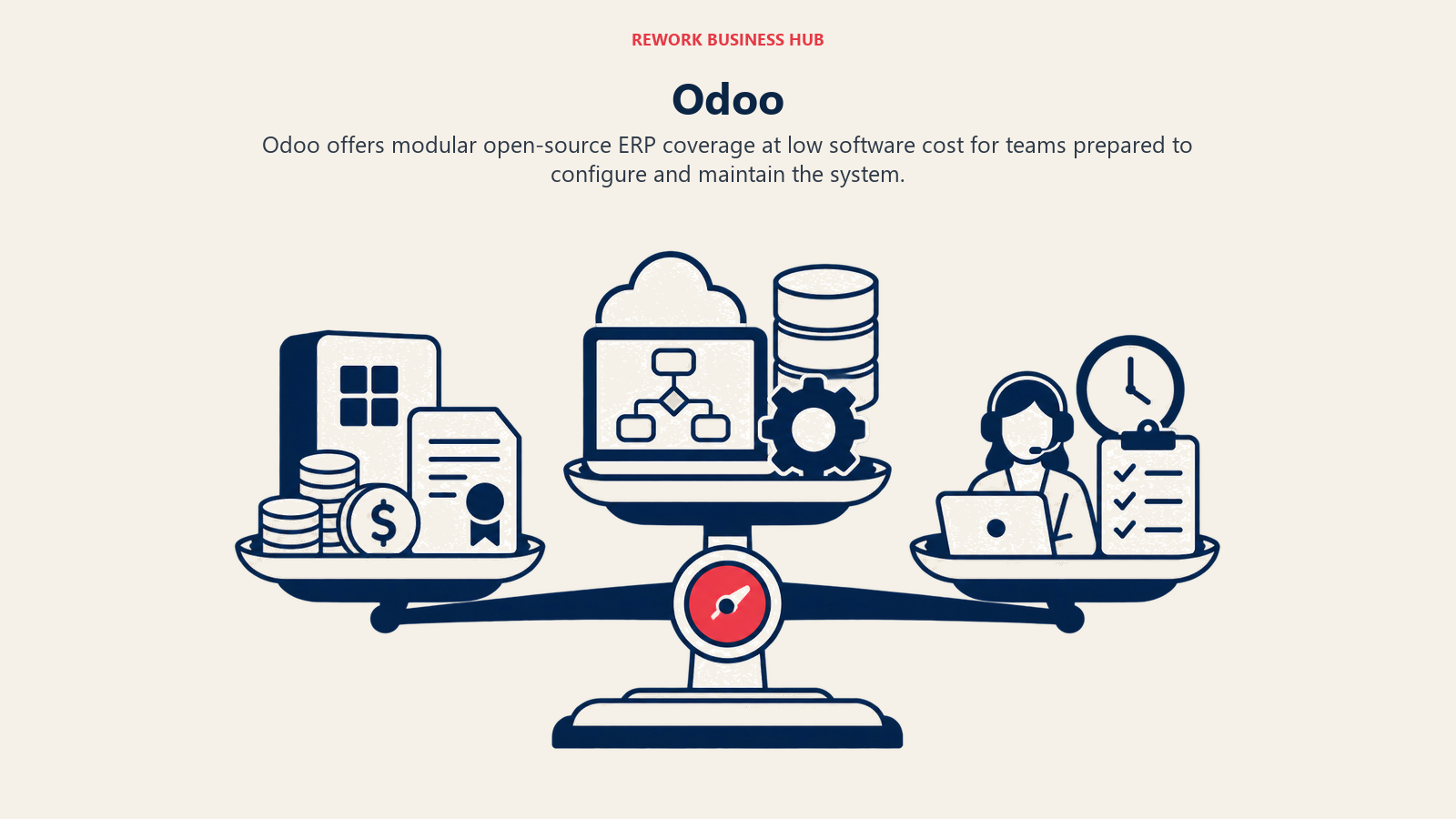 Odoo illustrated by three cost layers balancing license, implementation, and administration weight.