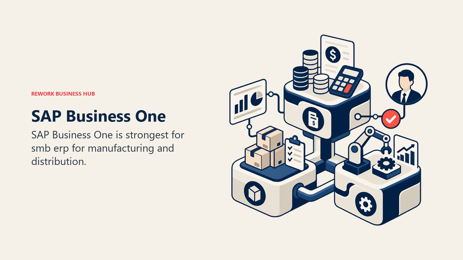 SAP Business One illustrated by modular ERP stack joining finance, inventory, and operations blocks.