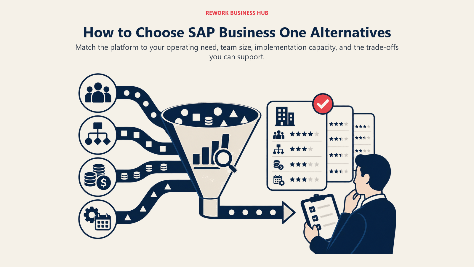 How to Choose SAP Business One Alternatives illustrated by a decision lens sorting team size, workflow depth, cost, and implementation capacity into a shortlist.