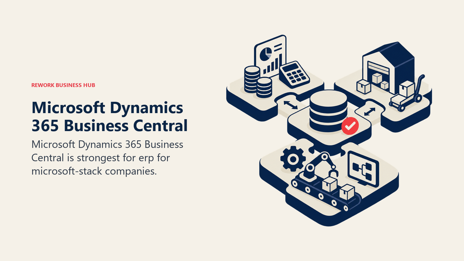 Microsoft Dynamics 365 Business Central illustrated by modular ERP stack joining finance, inventory, and operations blocks.