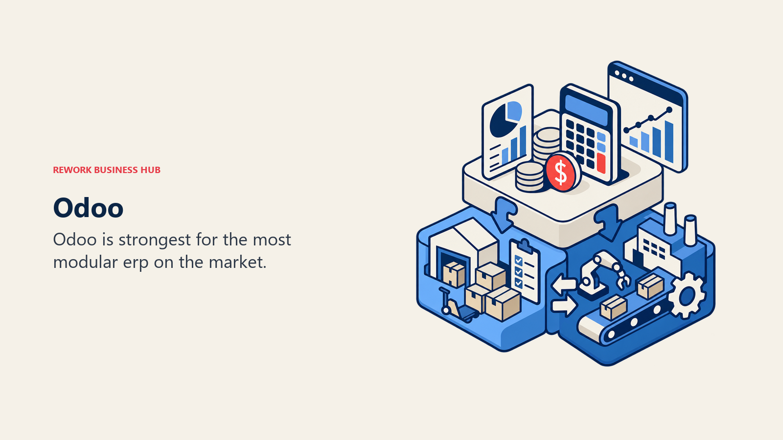 Odoo illustrated by modular ERP stack joining finance, inventory, and operations blocks.