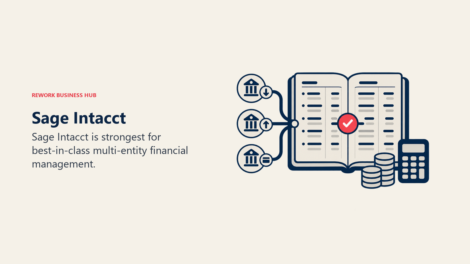 Sage Intacct illustrated by accounting ledger with bank feed tokens and one balanced reconciliation marker.