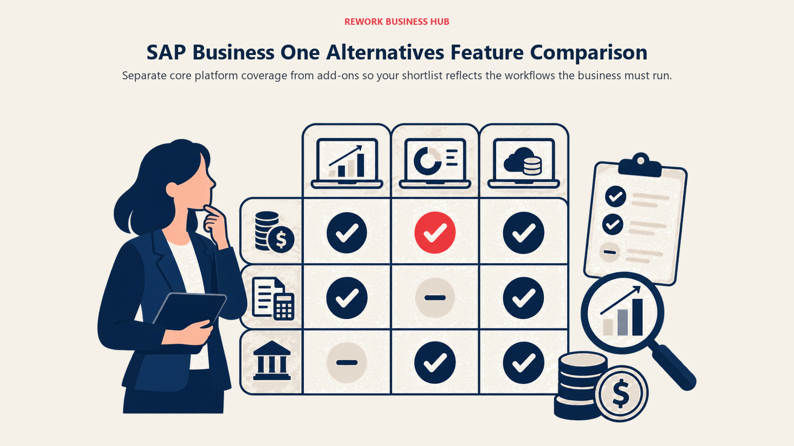 SAP Business One Alternatives Feature Comparison illustrated by a sparse decision matrix of platform coverage blocks with one coral must-have marker.