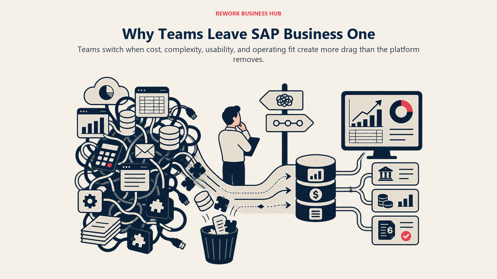 Why Teams Leave SAP Business One illustrated by an overloaded software stack shedding tangled modules into a cleaner operating path.