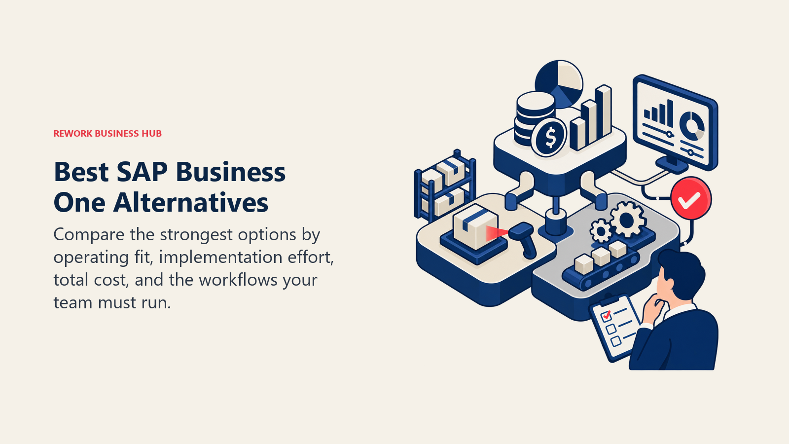 Best SAP Business One Alternatives illustrated by modular ERP stack joining finance, inventory, and operations blocks.