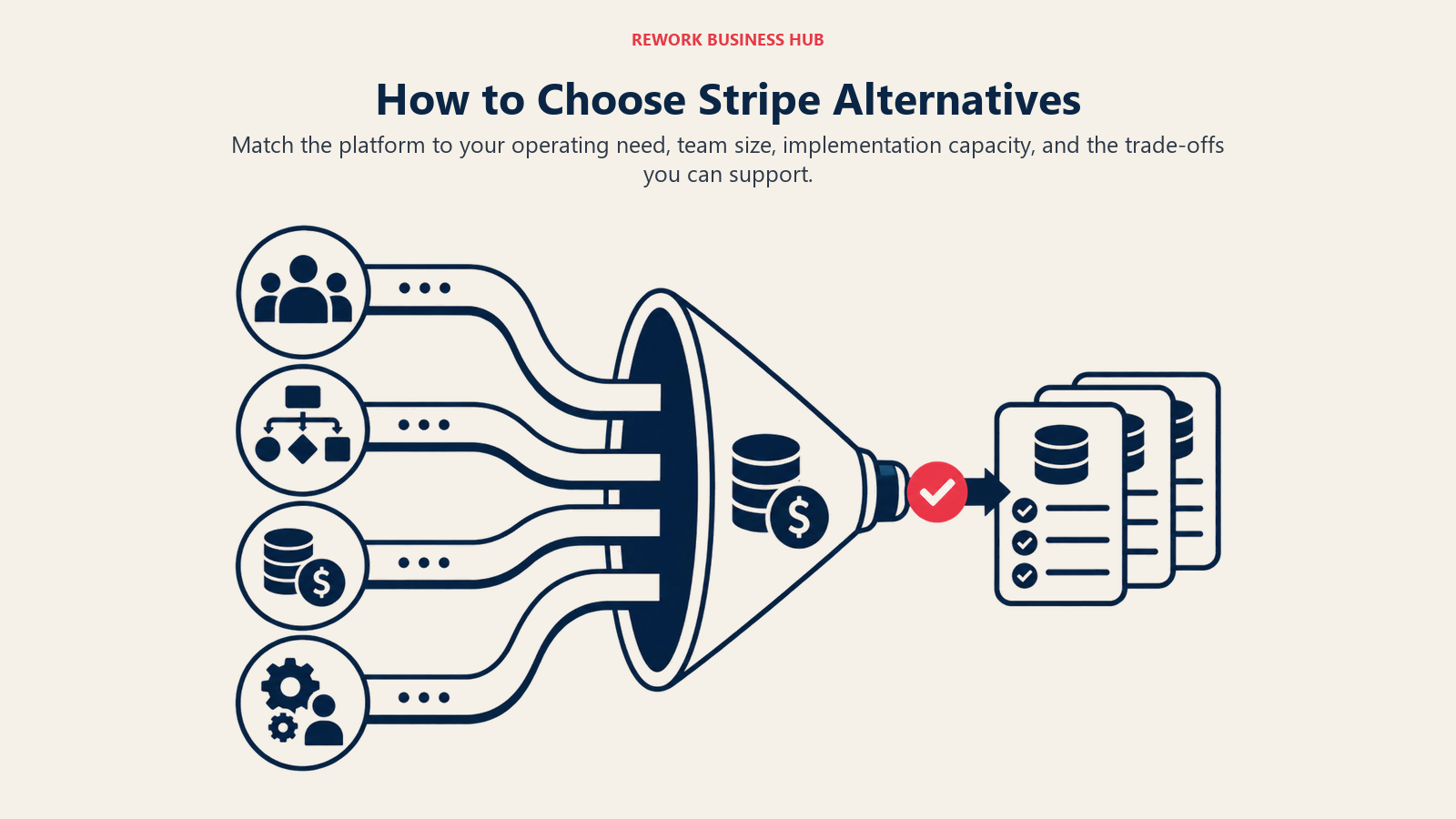 How to Choose Stripe Alternatives illustrated by a decision lens sorting team size, workflow depth, cost, and implementation capacity into a shortlist.