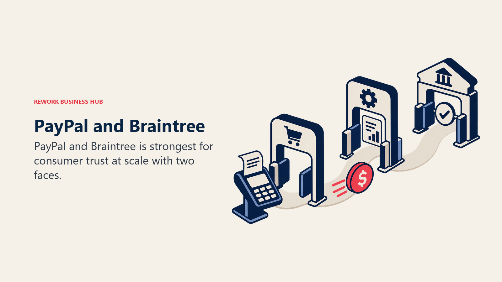 PayPal and Braintree illustrated by payment token crossing a restrained network of checkout and settlement gates.