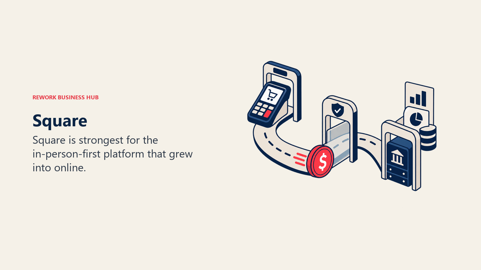 Square illustrated by payment token crossing a restrained network of checkout and settlement gates.