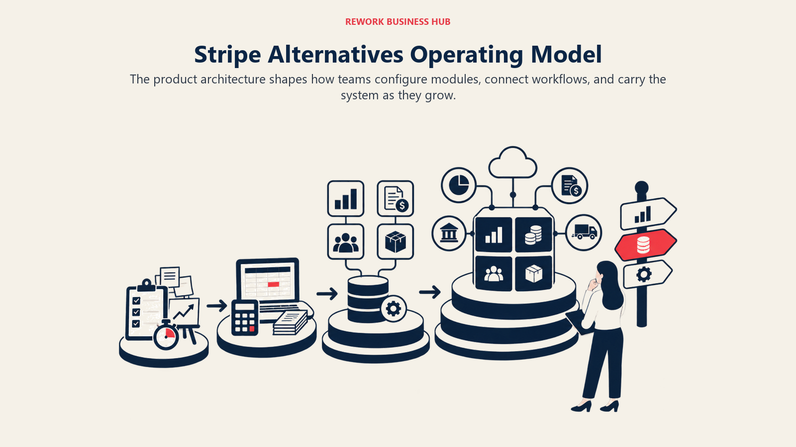 Stripe Alternatives Operating Model illustrated by business modules arranged by depth from lean tools to integrated operating suites.