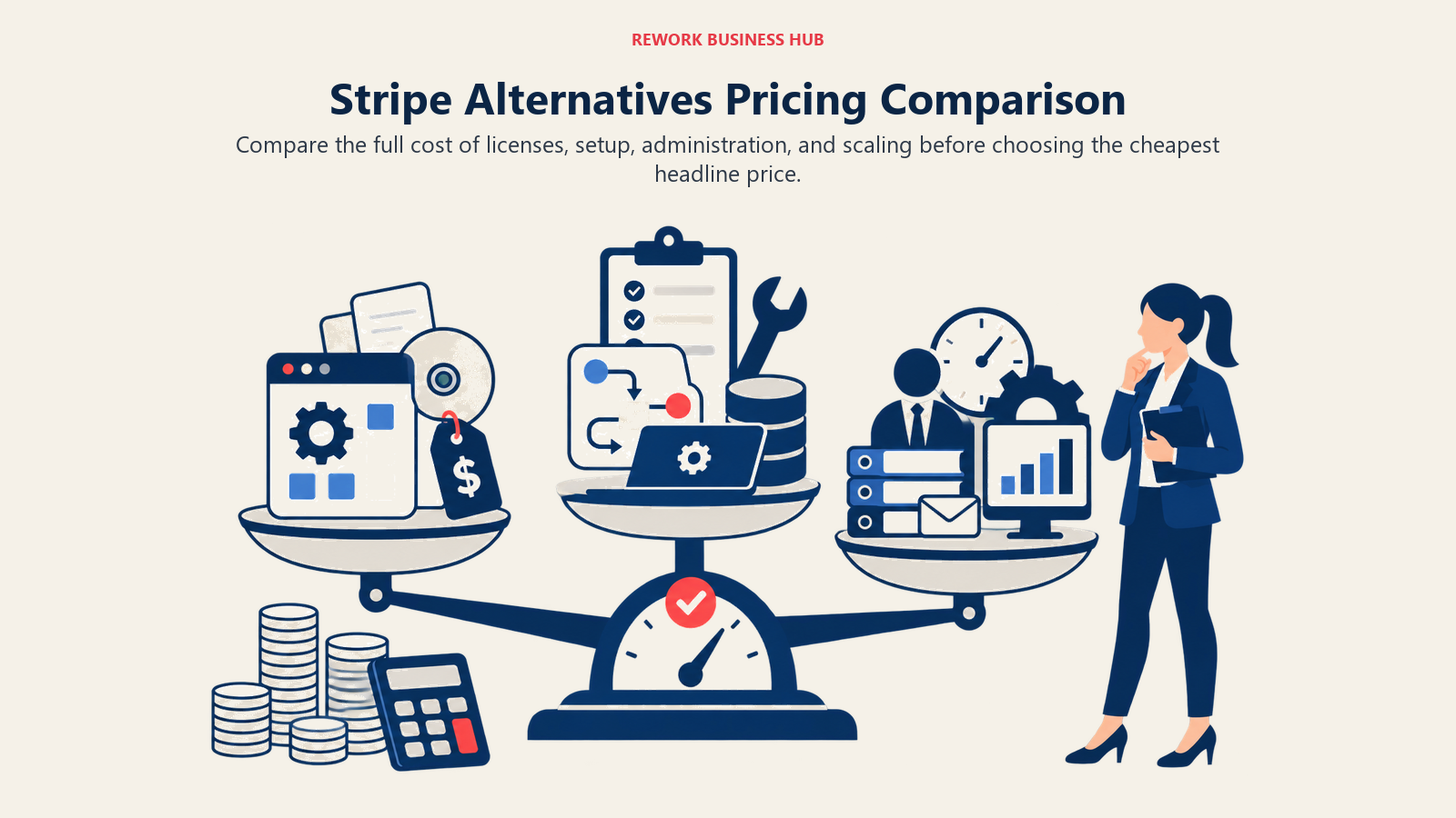 Stripe Alternatives Pricing Comparison illustrated by three cost layers balancing license, implementation, and administration weight.
