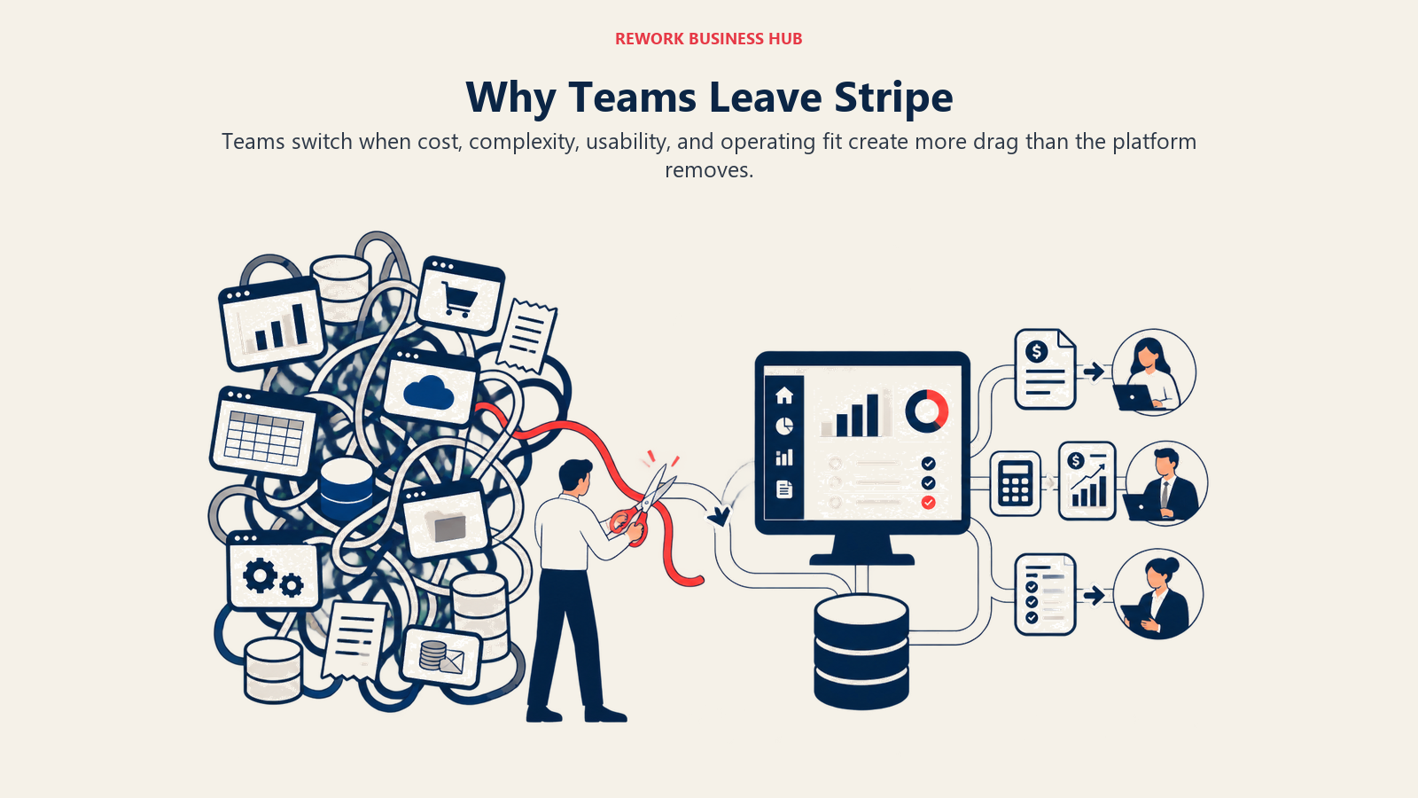Why Teams Leave Stripe illustrated by an overloaded software stack shedding tangled modules into a cleaner operating path.