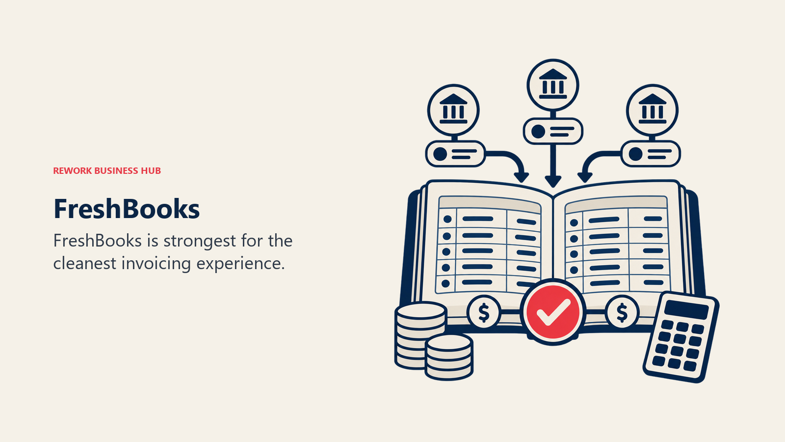 FreshBooks illustrated by accounting ledger with bank feed tokens and one balanced reconciliation marker.