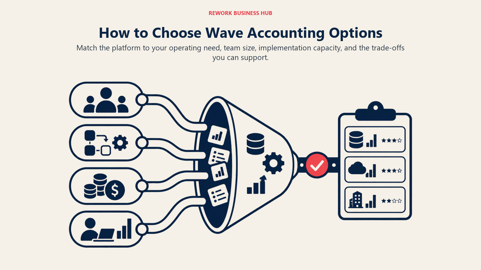 How to Choose Wave Accounting Options illustrated by a decision lens sorting team size, workflow depth, cost, and implementation capacity into a shortlist.