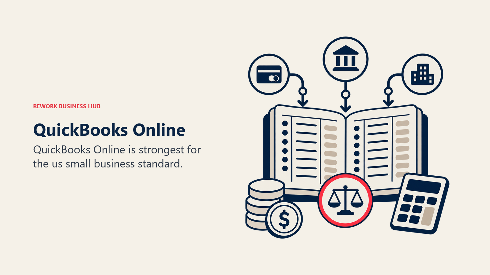 QuickBooks Online illustrated by accounting ledger with bank feed tokens and one balanced reconciliation marker.