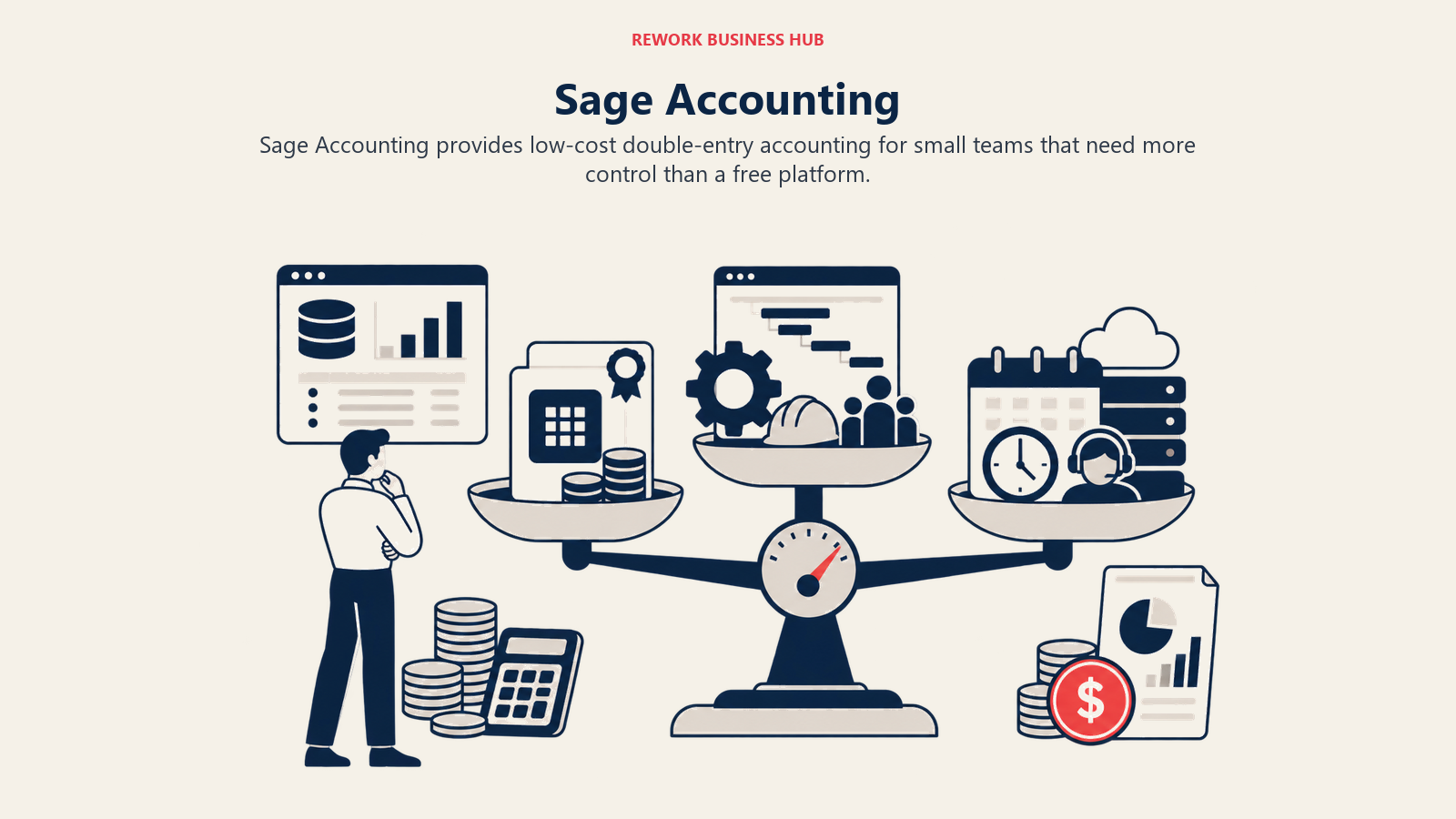 Sage Accounting illustrated by three cost layers balancing license, implementation, and administration weight.