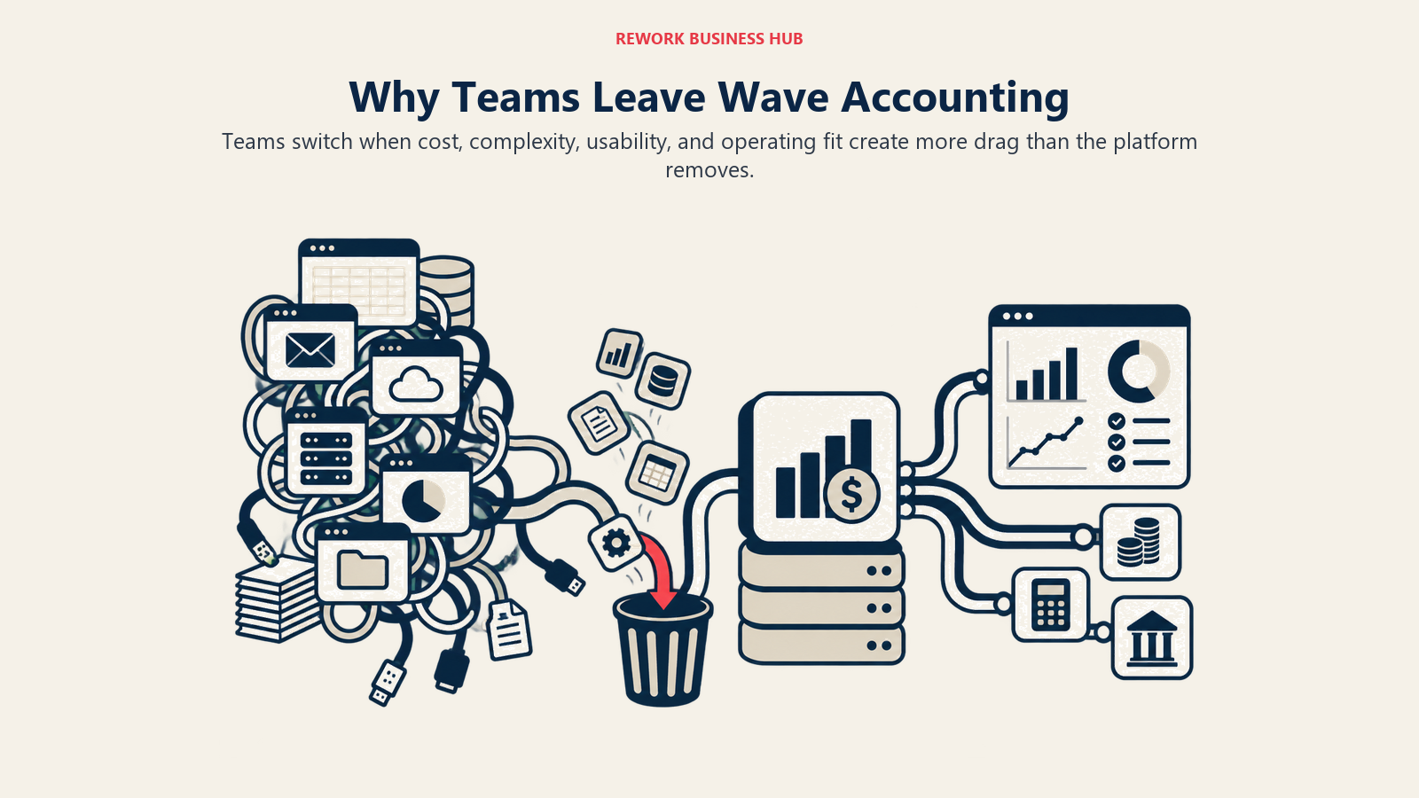 Why Teams Leave Wave Accounting illustrated by an overloaded software stack shedding tangled modules into a cleaner operating path.