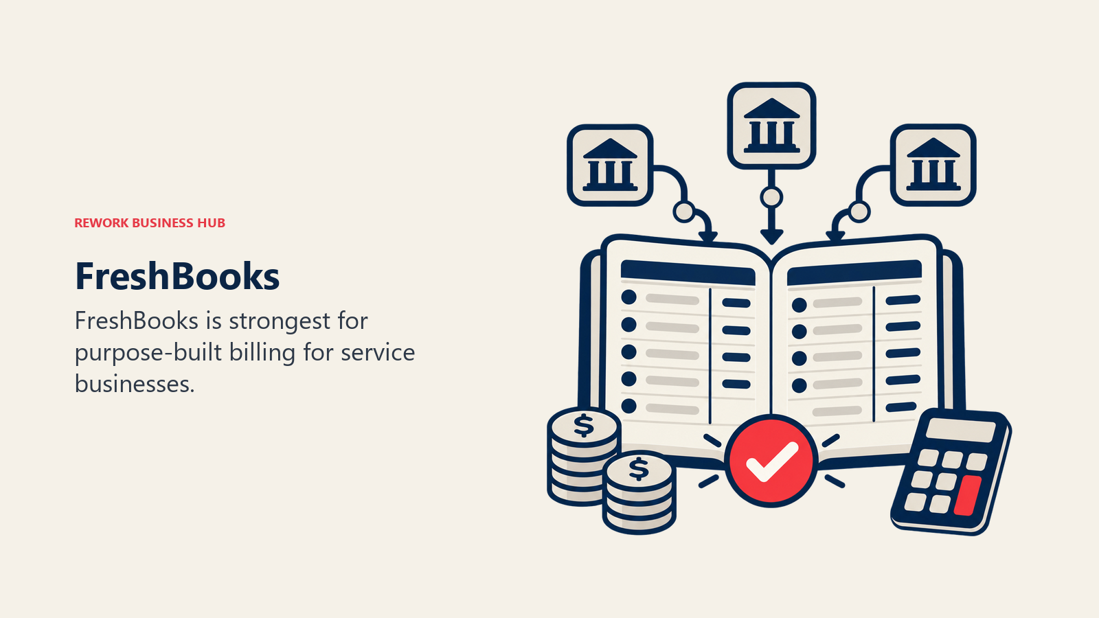 FreshBooks illustrated by accounting ledger with bank feed tokens and one balanced reconciliation marker.