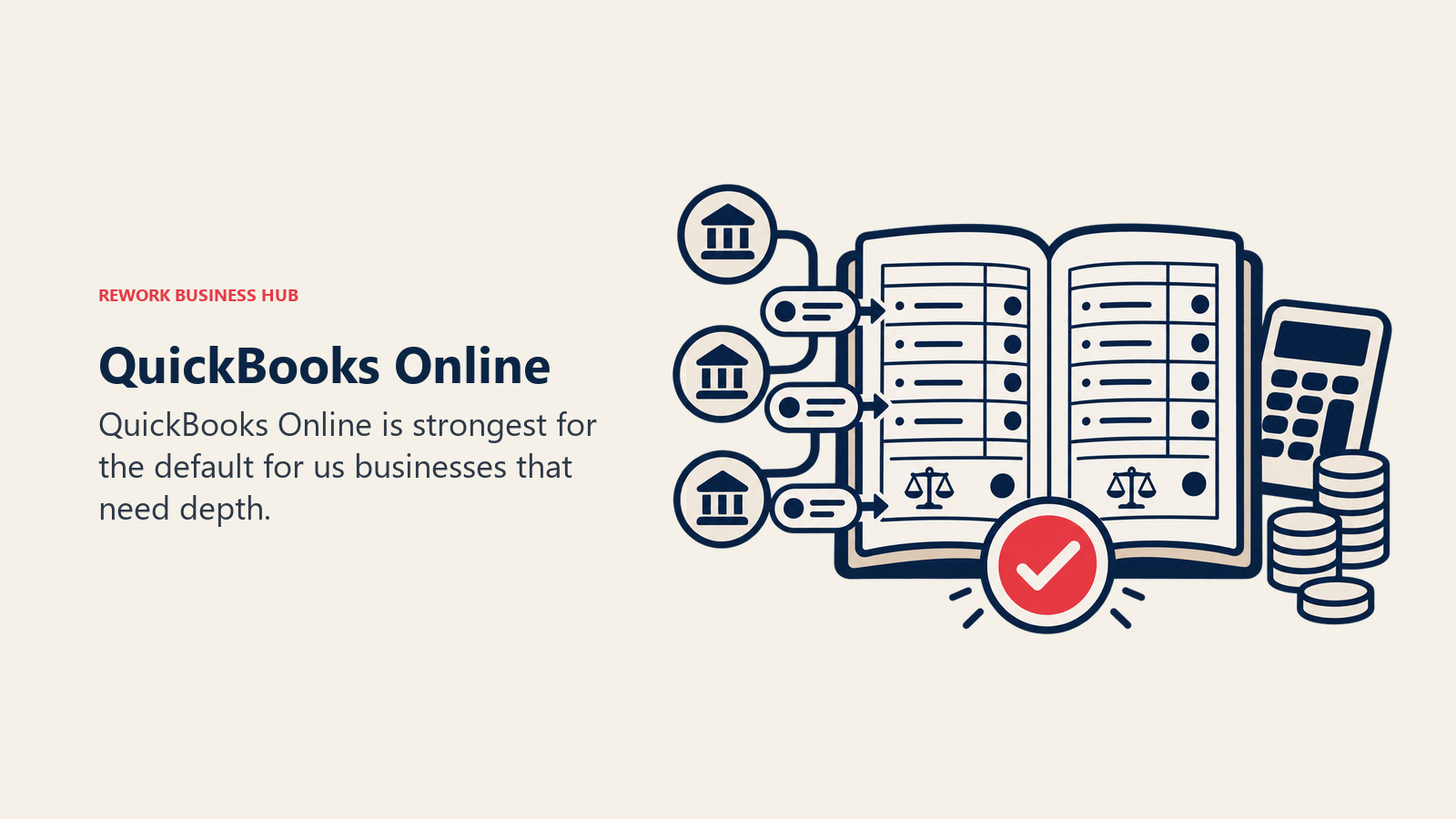 QuickBooks Online illustrated by accounting ledger with bank feed tokens and one balanced reconciliation marker.