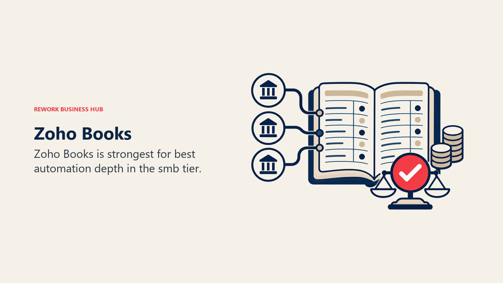 Zoho Books illustrated by accounting ledger with bank feed tokens and one balanced reconciliation marker.