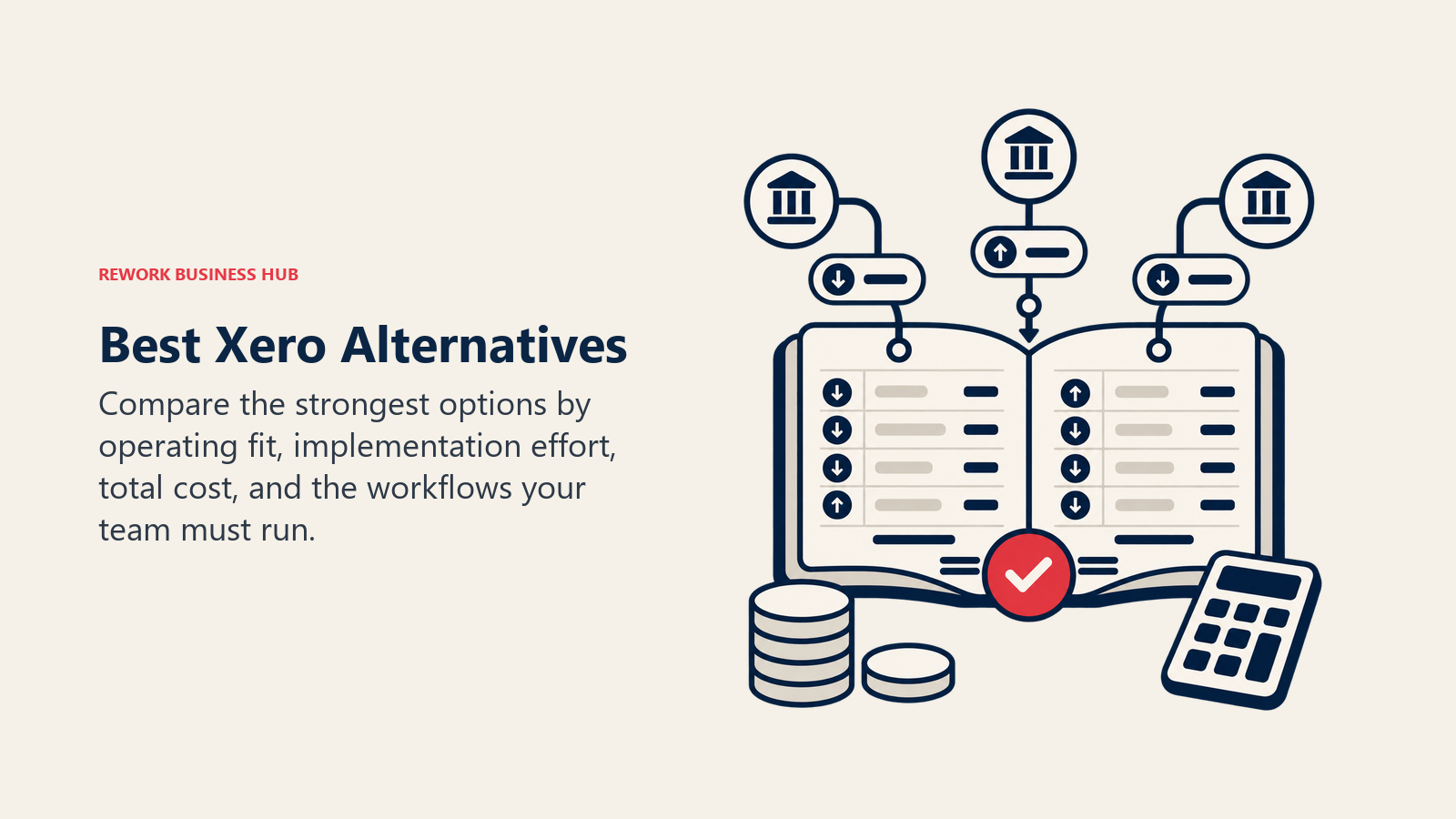 Best Xero Alternatives illustrated by accounting ledger with bank feed tokens and one balanced reconciliation marker.
