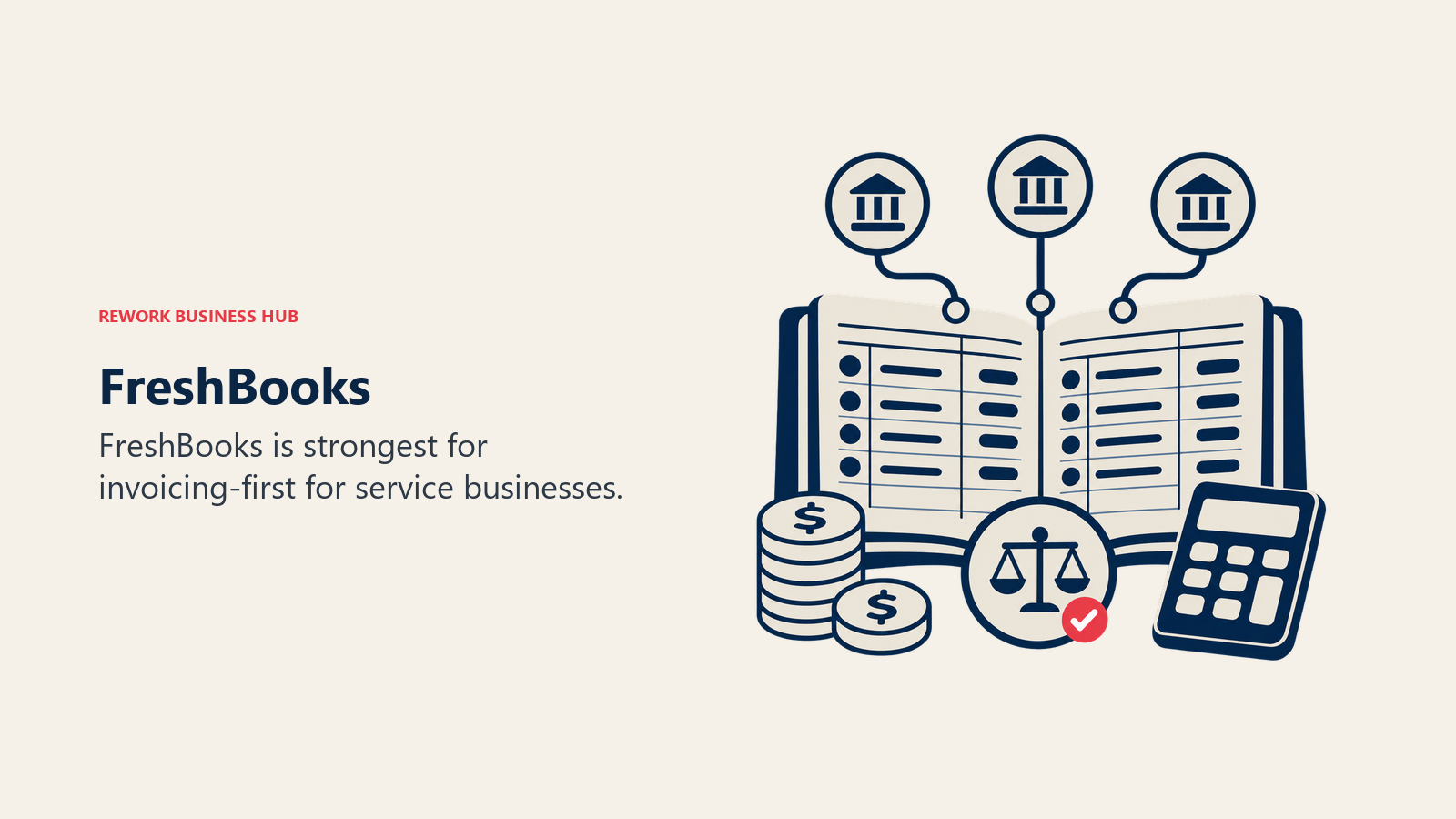 FreshBooks illustrated by accounting ledger with bank feed tokens and one balanced reconciliation marker.