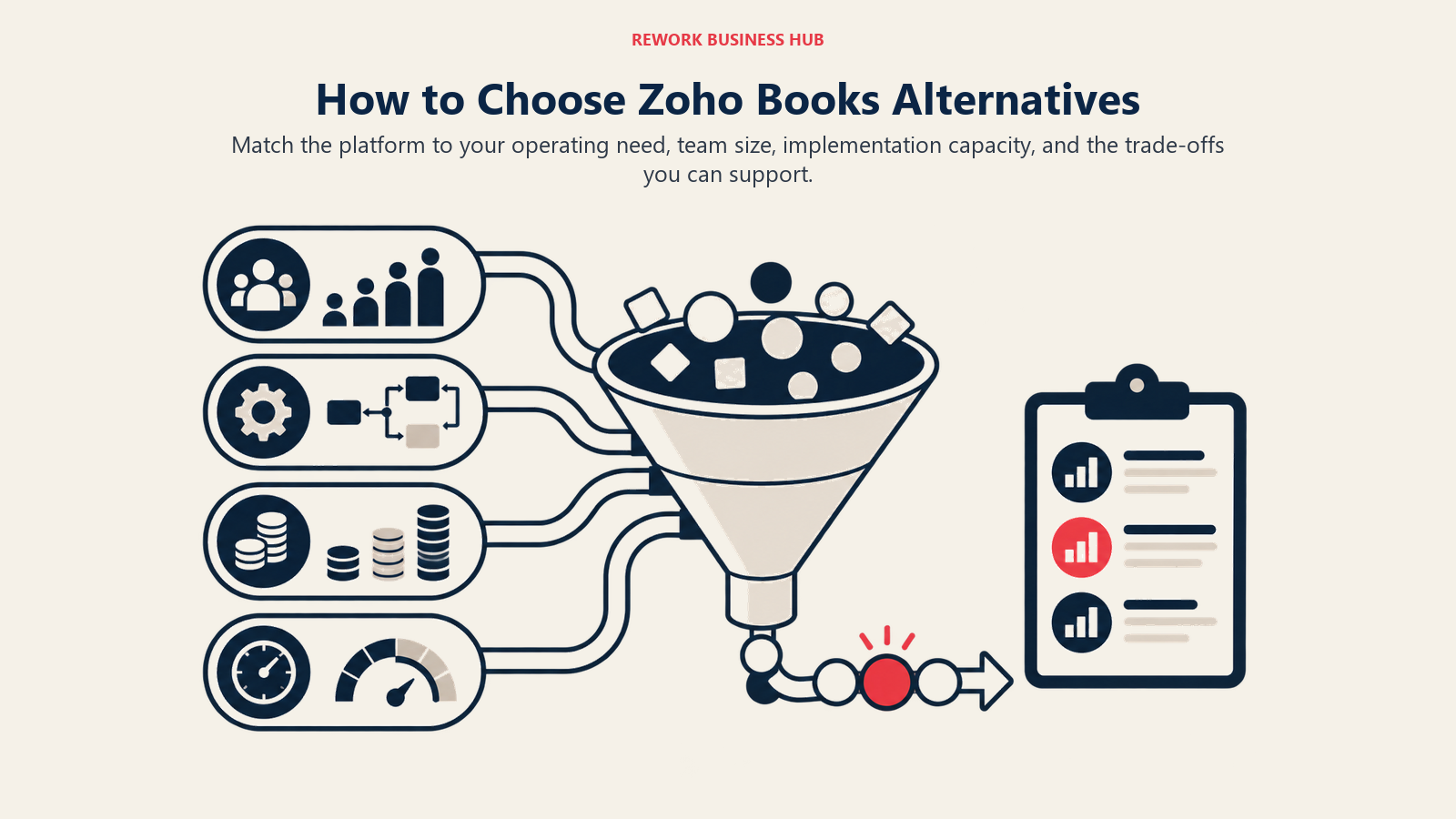 How to Choose Zoho Books Alternatives illustrated by a decision lens sorting team size, workflow depth, cost, and implementation capacity into a shortlist.