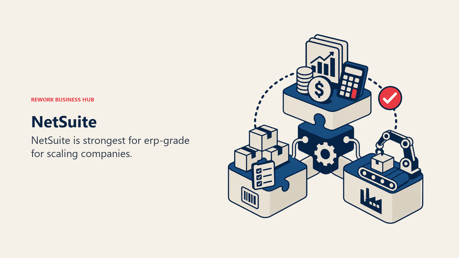 NetSuite illustrated by modular ERP stack joining finance, inventory, and operations blocks.
