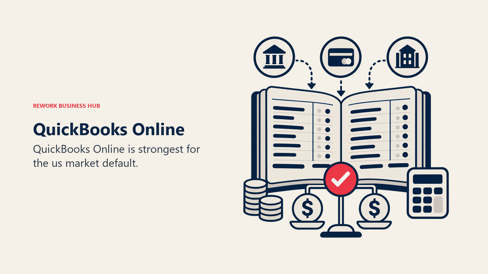 QuickBooks Online illustrated by accounting ledger with bank feed tokens and one balanced reconciliation marker.